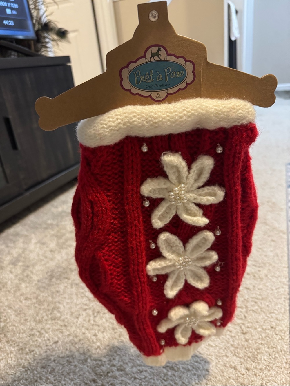 Red & White Knit Dog Sweater with Floral Appliqués